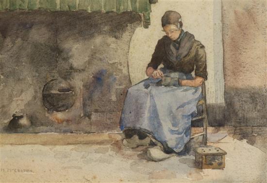 Mary McCrossan (1865-1934) Interior with seated Dutch woman 25 x 35cm